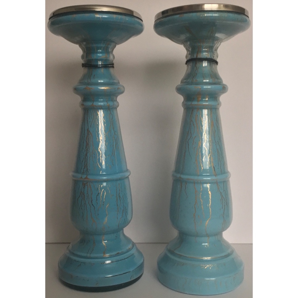 Blue Pillar Candle holder tabletop centerpiece home decor set New